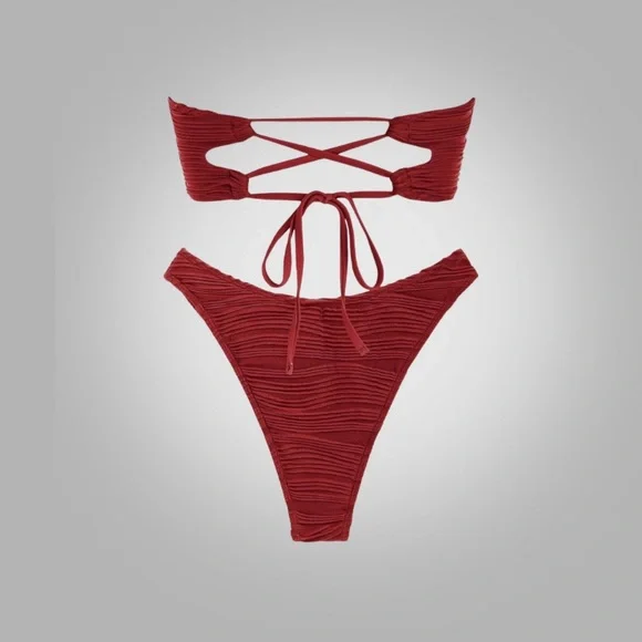 NWOT ZAFUL Textured Bandeau Bikini Set Lace-Up - Picture 2 of 9